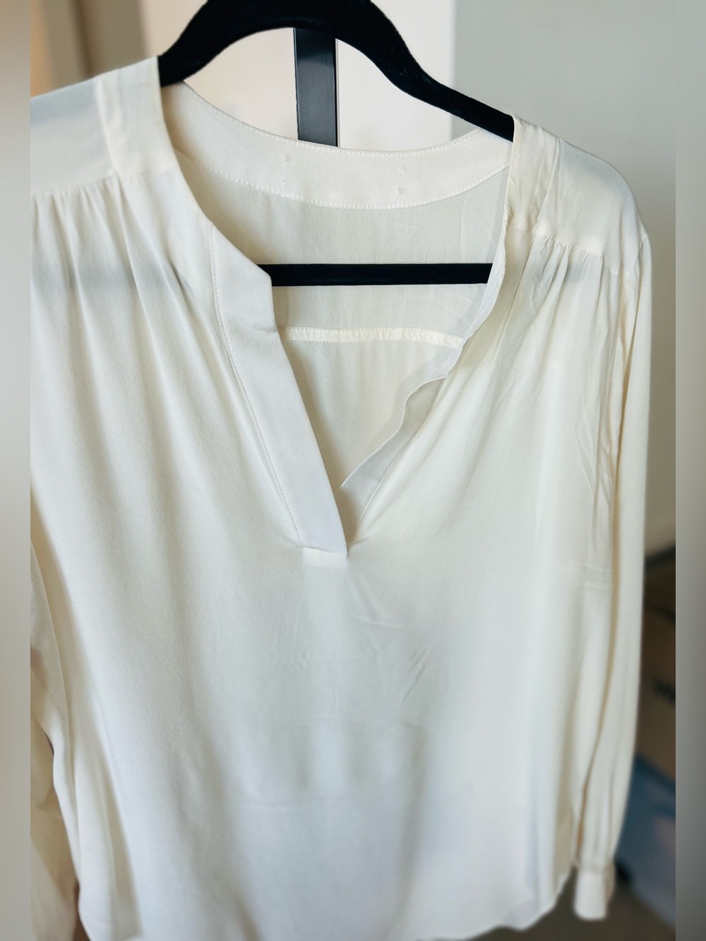 Classic V-Neck Women's Blouse - flowing full sleeves cream. Feels like silk
